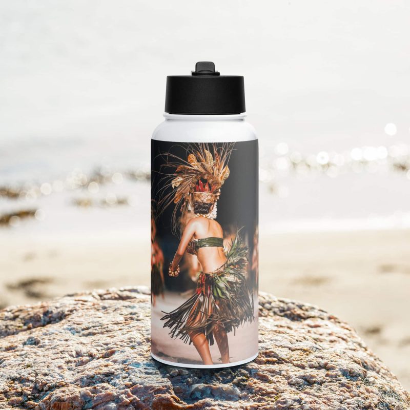 Bouteille d'eau en acier inoxydable avec paille souvenir du Heiva