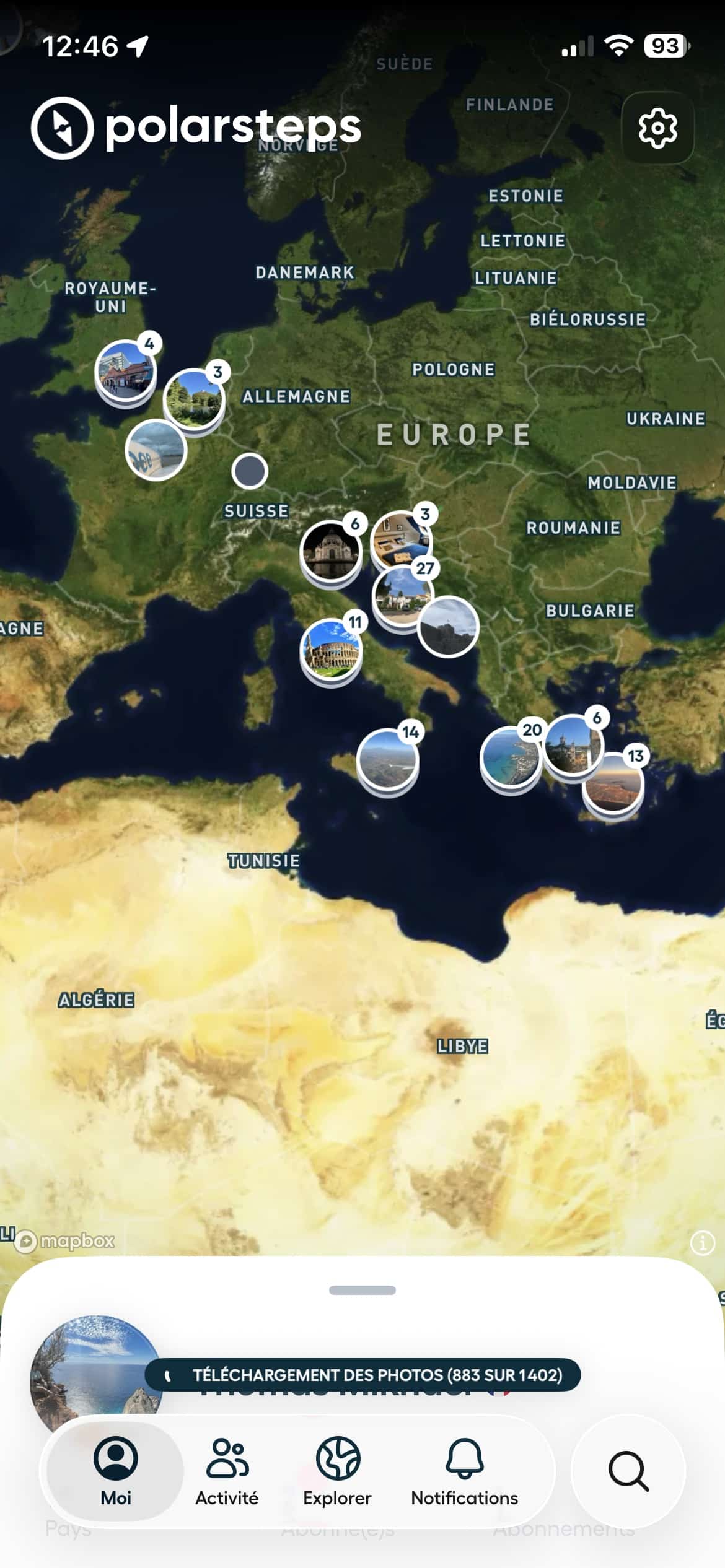 Interface de l'application Polarsteps pour organiser un voyage
